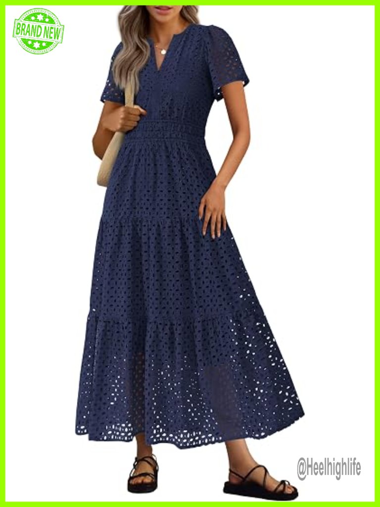 Maxi Dress Short Sleeve V Neck Hollow Out Eyelet A Line Long Flowy Beach
